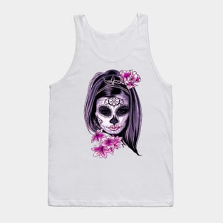 Catrina face painted in pastel colors with pink flowers. Feminist princess catrina face. Tank Top